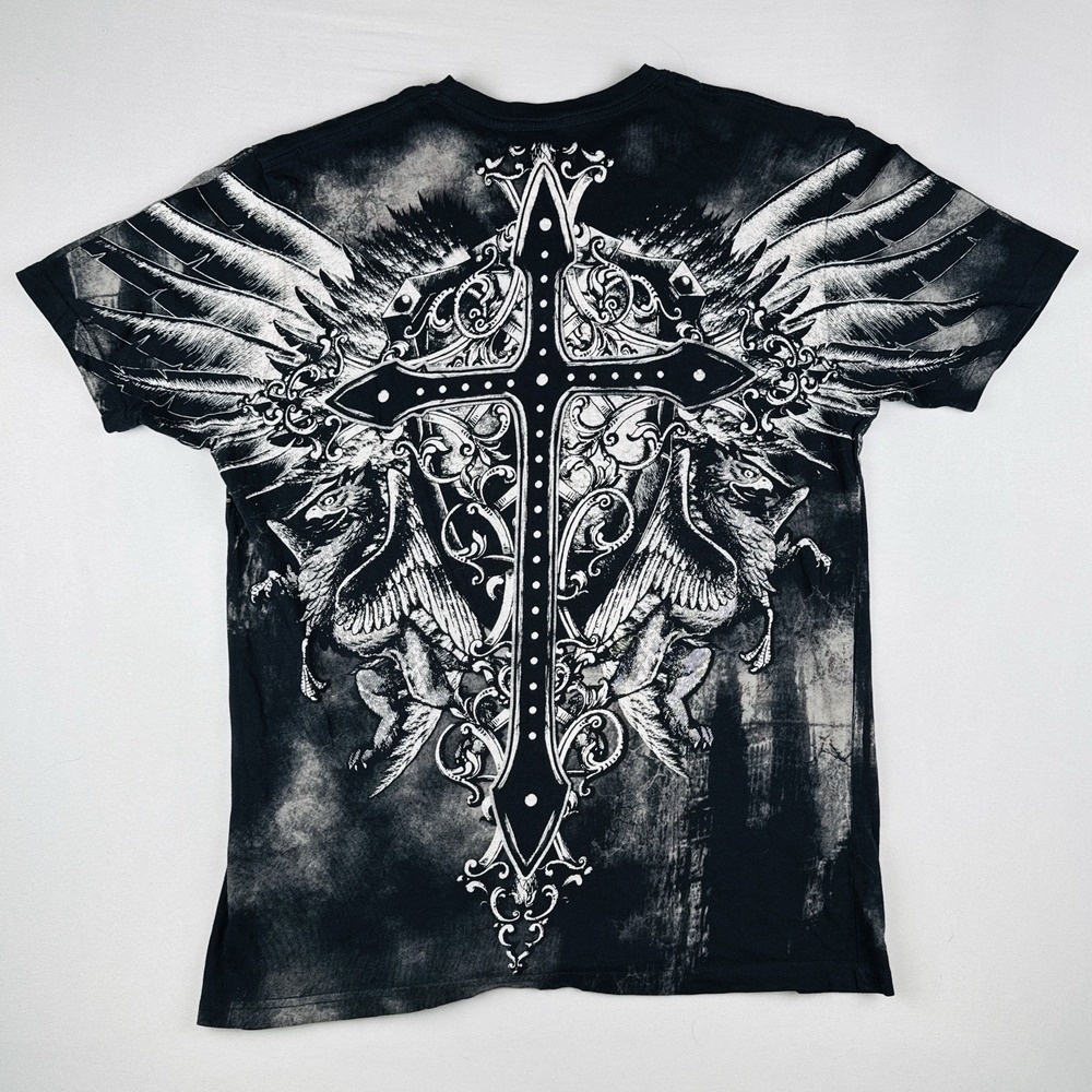 Y2K Konflic Cross Wings T Shirt Black All Over Print Gothic Biker USA 2XL